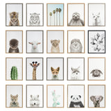 Twenty framed minimalist animal and plant illustrations including tiger cub, sloth, llama, giraffe, lion, fox, panda, cactus, and palm trees, arranged in a grid.