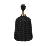 Black rattan table lamp base with a rounded, woven pattern and brass-toned fitting, shown against a white background.