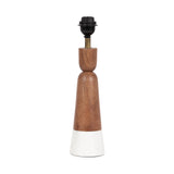 Table lamp base with a tapered wooden body and a white painted bottom section, topped with a black bulb socket and brass connector.