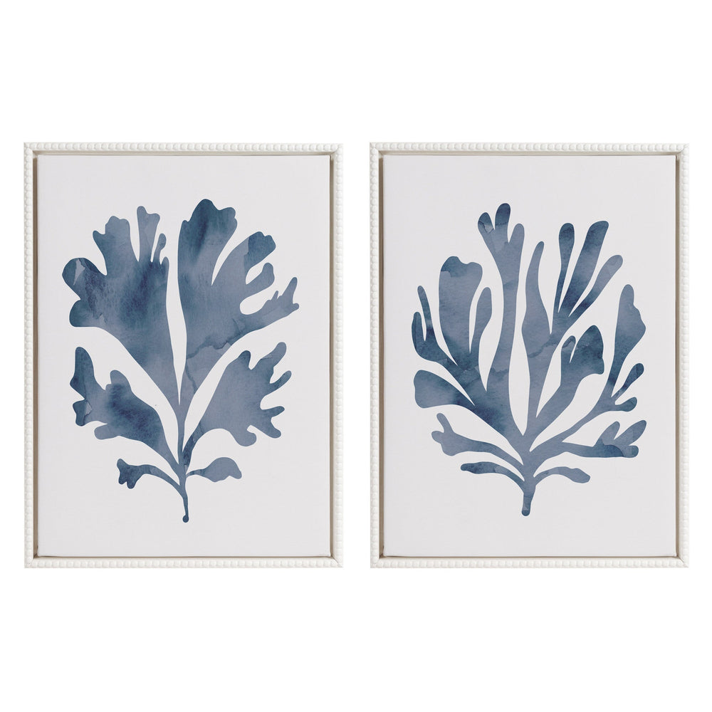 Sylvie Sophisticated Neutral Coral Blue 1 and 2 framed canvas art set in a vintage beaded white frame