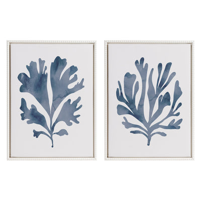 Sylvie Sophisticated Neutral Coral Blue 1 and 2 framed canvas art set in a vintage beaded white frame