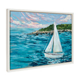 Framed floating canvas art depicting a serene sailboat and coastal landscape titled Marthas Vineyard by Emily Kenney