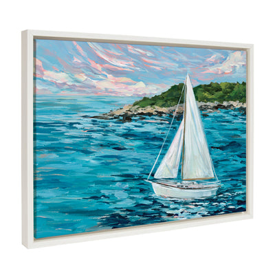 Framed floating canvas art depicting a serene sailboat and coastal landscape titled Marthas Vineyard by Emily Kenney