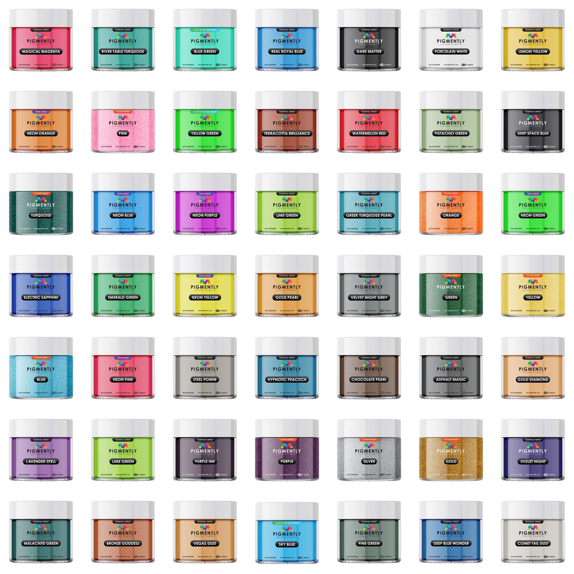 Grid of various colored epoxy resin jars with 'Pigment' branding on a white background