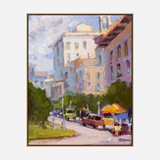 Impressionist-style painting of a city street scene with tall buildings, leafy trees, cars, and a bright orange canopy stand in soft daylight.