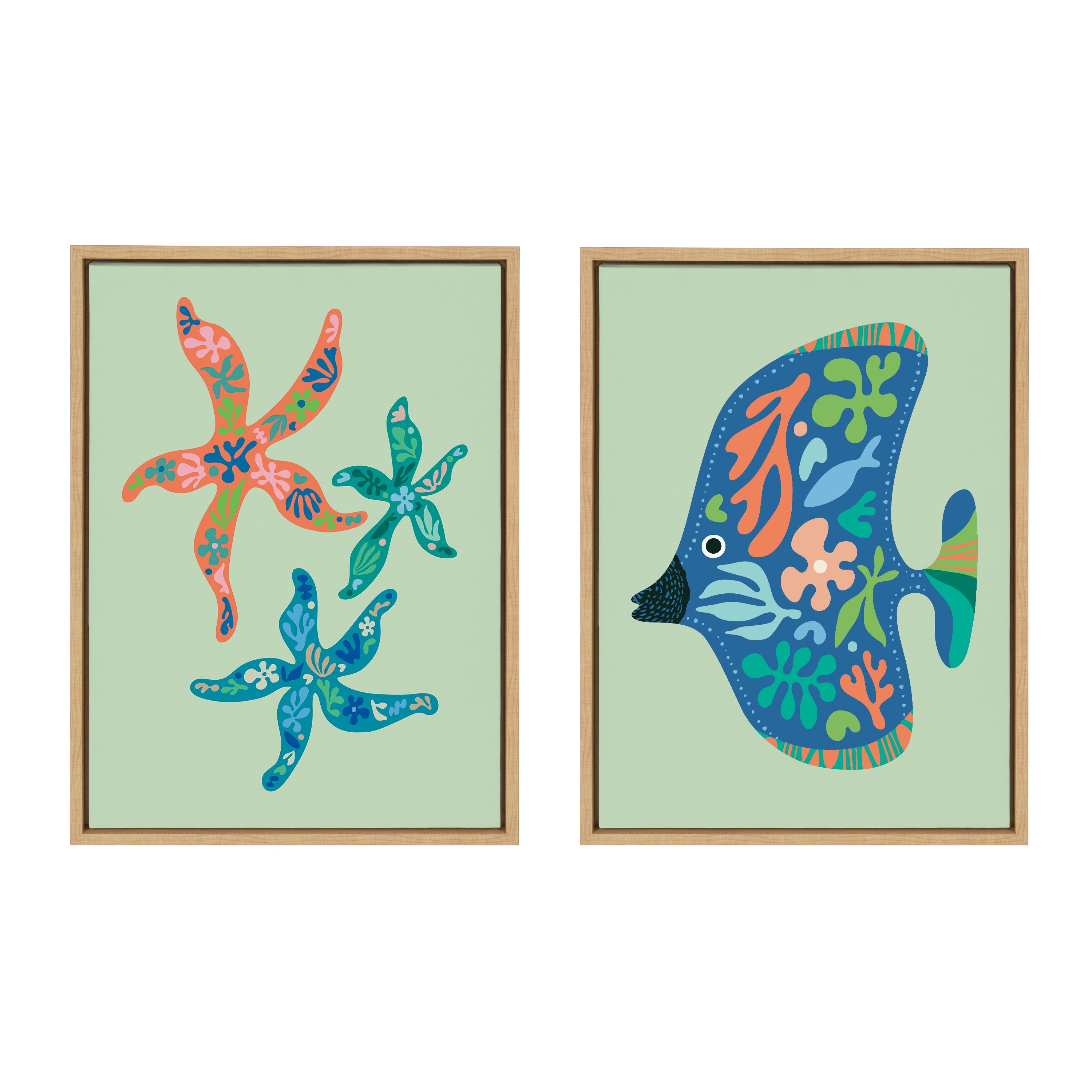 Sylvie Modern Colorful Starfish and Tropical Fish Framed Canvas Art Set by Rachel Lee