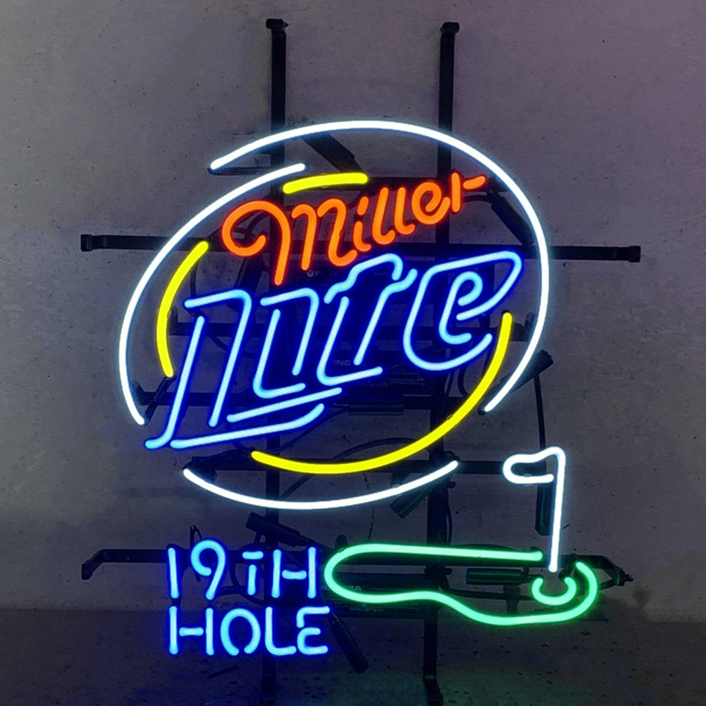 Miller Lite 19th Hole Golf Neon Sign showing real glass tube on metal grid backing, lit in warm white light.