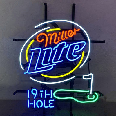 Miller Lite 19th Hole Golf Neon Sign showing real glass tube on metal grid backing, lit in warm white light.