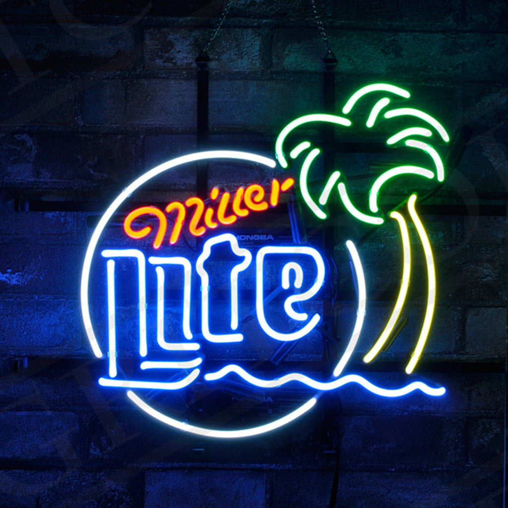 Miller Lite Palm Tree Sun Neon Sign Light glowing indoors on a metal grid backing