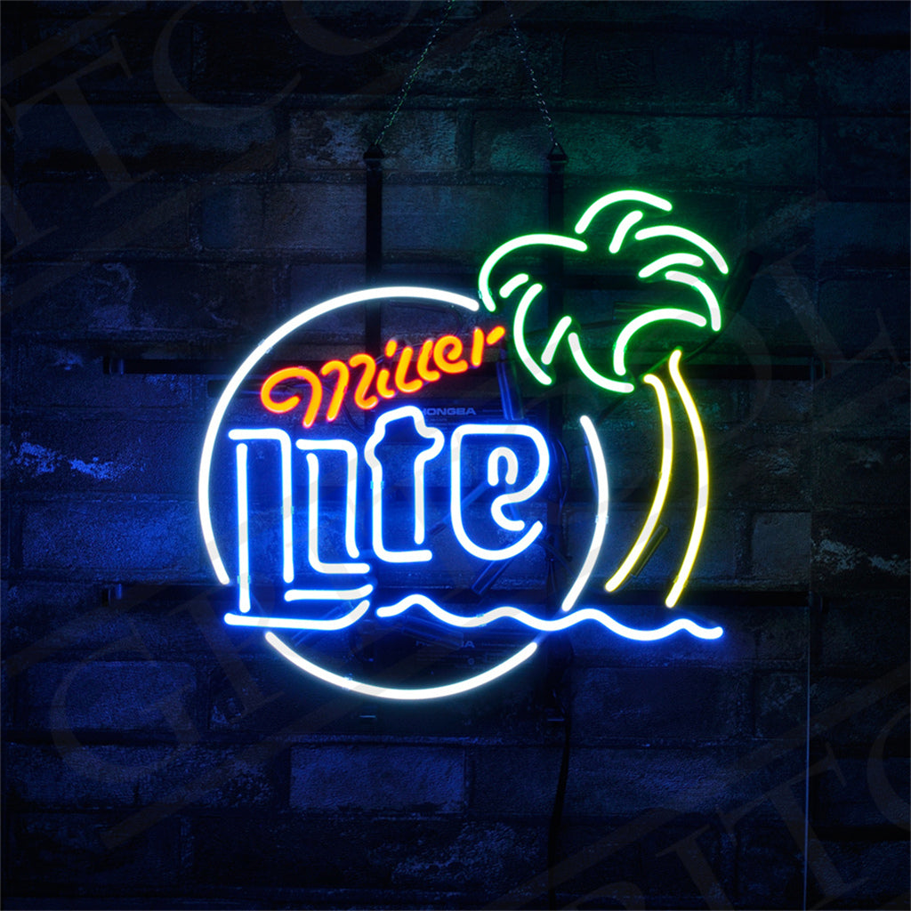 Neon sign with 'Miller Lite' in orange and blue, featuring a stylized green palm tree and yellow sun above a blue wavy line, set against a dark brick wall.