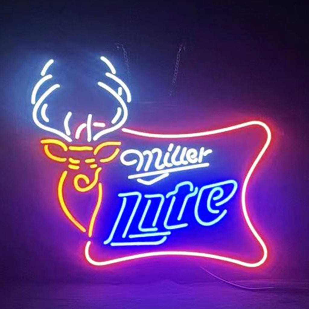 Miller Lite Deer Neon Sign glowing with bright yellow deer silhouette on metal grid backing.