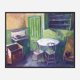 Impressionistic painting of a small room with a round white table, two wooden chairs, a green door, and a window casting soft light on muted walls.