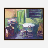 Expressionist painting of a room with two wooden chairs around a white round table, a green door, and a dark cabinet, rendered in muted purples, greens, and browns.