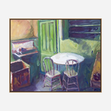 Impressionistic painting of a small round white table with two simple chairs against a green door and window in a softly lit, cozy corner.