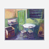 Expressionist painting of a small room with a green door, purple-tinted walls, a round white table, two wooden chairs, and an open wooden crate.