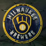 Round neon sign with a yellow baseball glove and ball emblem, encircled by 'MILWAUKEE BREWERS' text in white on a blue background