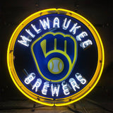 Round neon sign featuring the Milwaukee Brewers logo with a yellow baseball glove and ball in the center, surrounded by a yellow neon ring and white neon text.