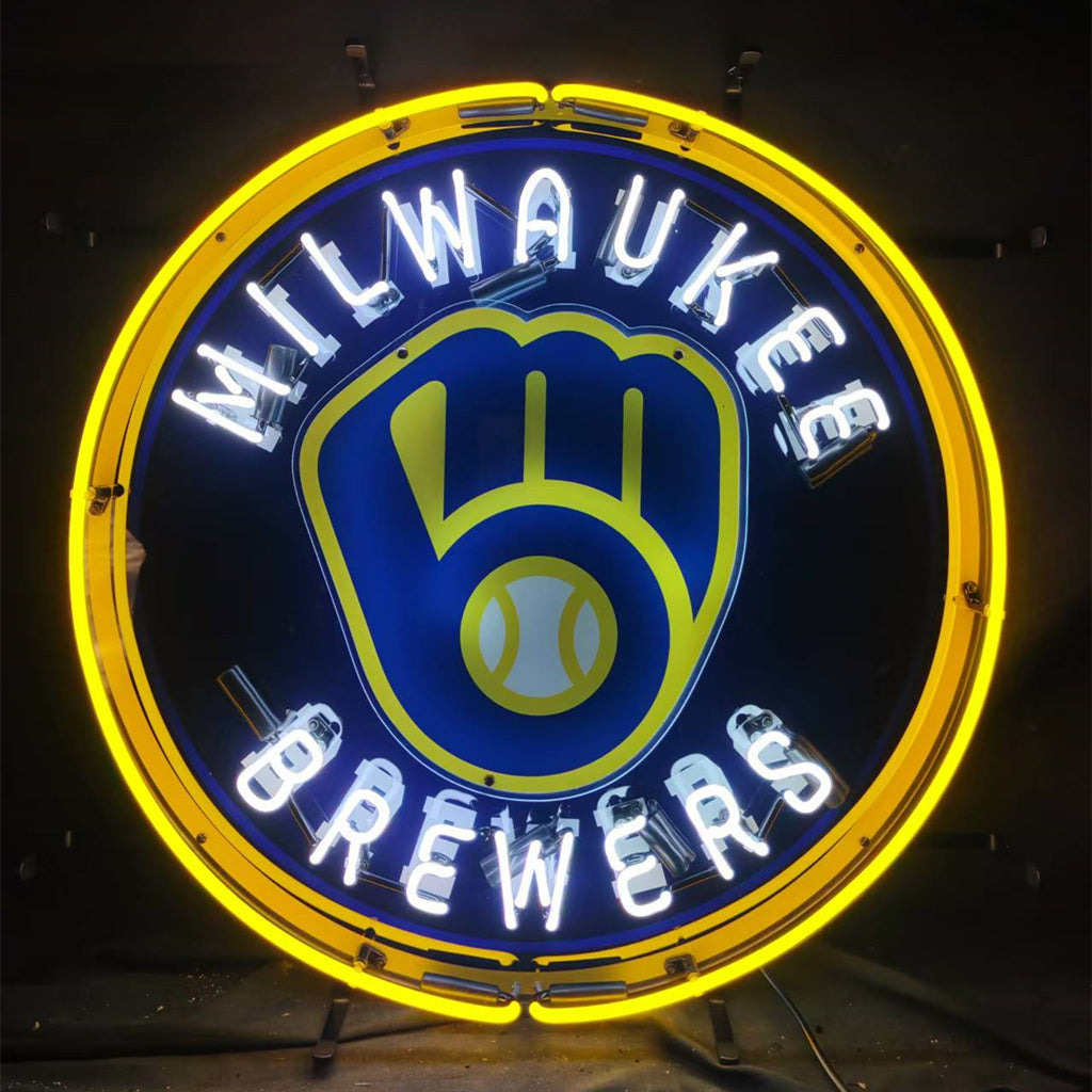 Round neon sign featuring the Milwaukee Brewers logo with a yellow baseball glove and ball in the center, surrounded by a yellow neon ring and white neon text.