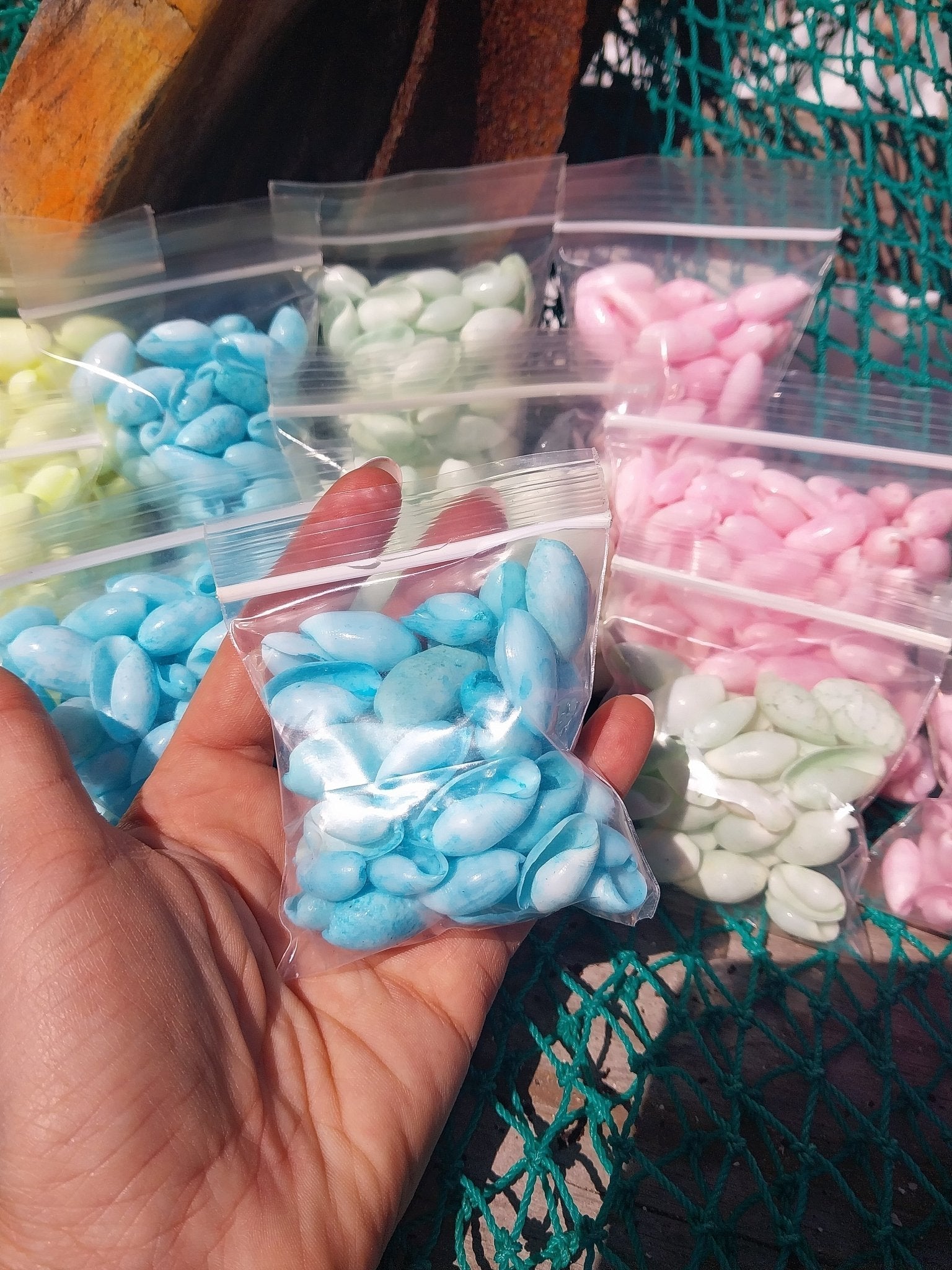 Bulk pastel dyed bubble shells in soft pink, blue, seafoam green, and yellow shades for crafting and DIY projects