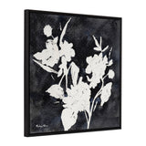 Black and dark gray textured background with white silhouette of wildflowers and leaves in an abstract style framed in black.