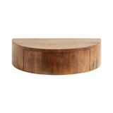 Half-circle floating side table with smooth warm wood grain and seamless curved front panel, displayed against a white background.