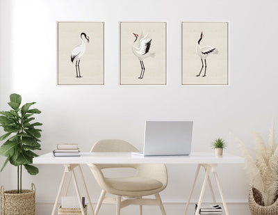 Sylvie Japanese Crane Bird with Red Crown 1, 2 and 3 Framed Canvas Art Set by The Creative Bunch Studio