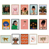 Fifteen framed colorful artworks featuring stylized portraits of Black women, cats, flamingos, and tropical plants with vibrant backgrounds and bold patterns.