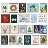 Grid of 21 framed holiday artworks including festive animals, winter scenes, Christmas trees, wreaths, and seasonal messages in vibrant colors and varied styles.