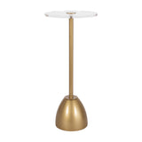 Round clear acrylic tabletop on a slim gold metal rod with an inverted gold dome-shaped base, shown against a white background.