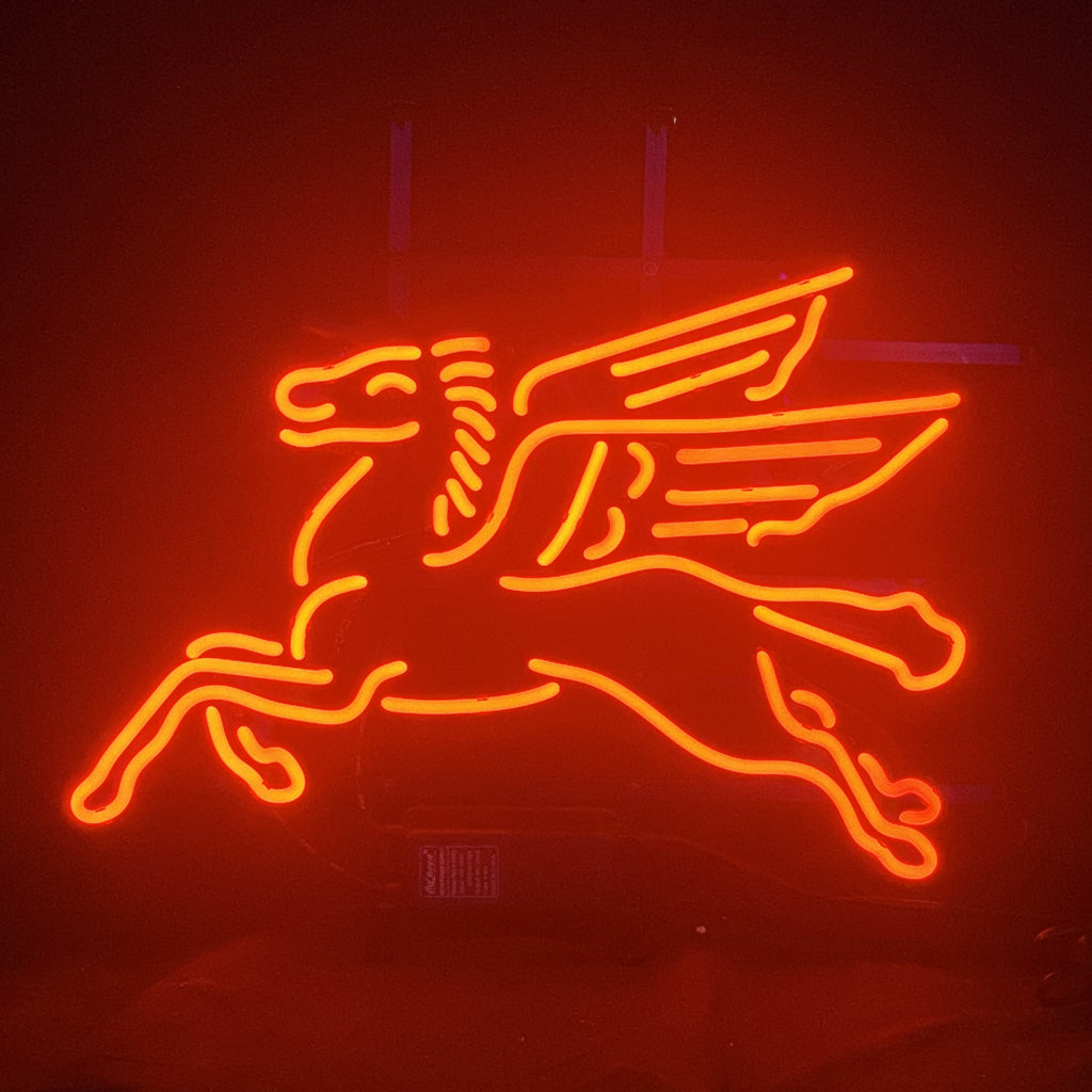 Mobilgas Flying Horse Red Neon Sign Light Glass showing a glowing red flying horse on metal grid backing