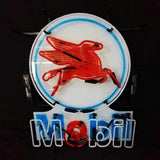Round neon sign with a red winged horse silhouette and blue circular border above white block letters spelling 'Mobil' with a red 'o' at center.