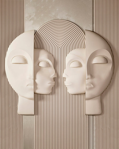 Wabi-Sabi 3D Face Wall Relief Art showing two abstract faces on a fluted textured panel in various colors and sizes
