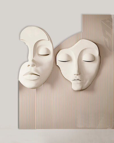 Wabi-Sabi 3D Face Wall Relief Art showing two abstract faces on a fluted textured panel in various colors and sizes
