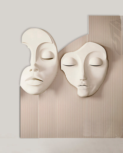 Wabi-Sabi 3D Face Wall Relief Art showing two abstract faces on a fluted textured panel in various colors and sizes