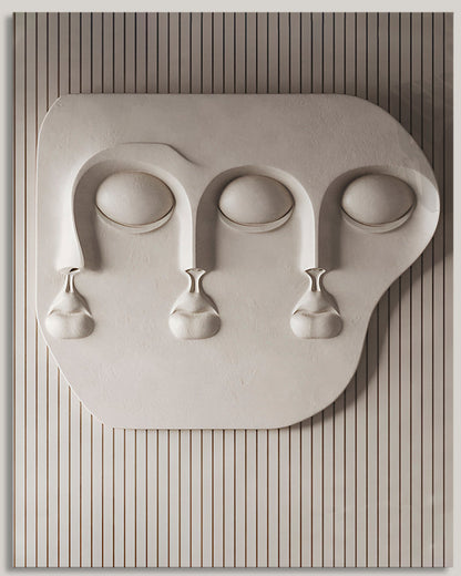 Wabi-Sabi 3D Face Wall Relief Art showing two abstract faces on a fluted textured panel in various colors and sizes