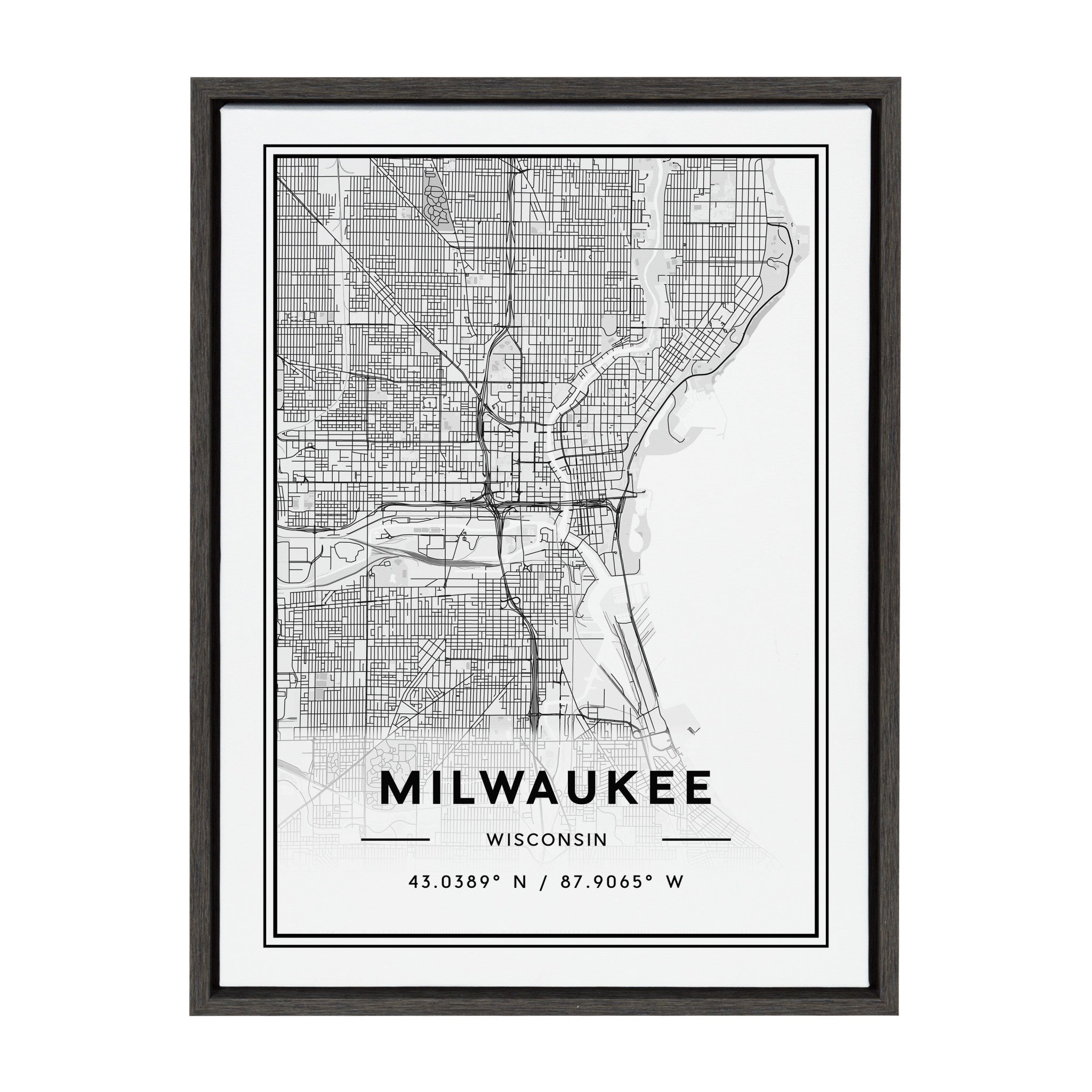 Sylvie Milwaukee Modern Map Framed Canvas by kateandlaurel - main product image for Resin Society