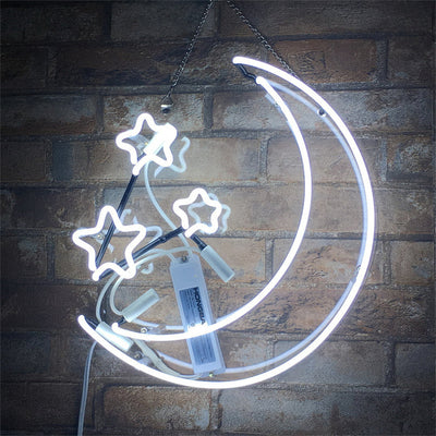 Illuminated Moon and Stars Neon Light Sign with acrylic backing hanging on a wall