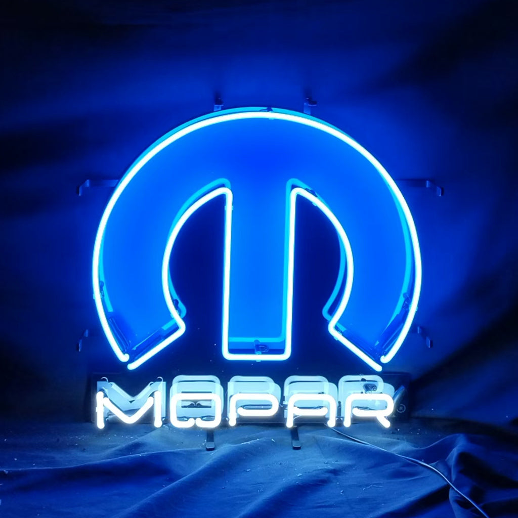 Mopar Neon Sign Light showing a bright neon blue Mopar logo on a metal grid backboard