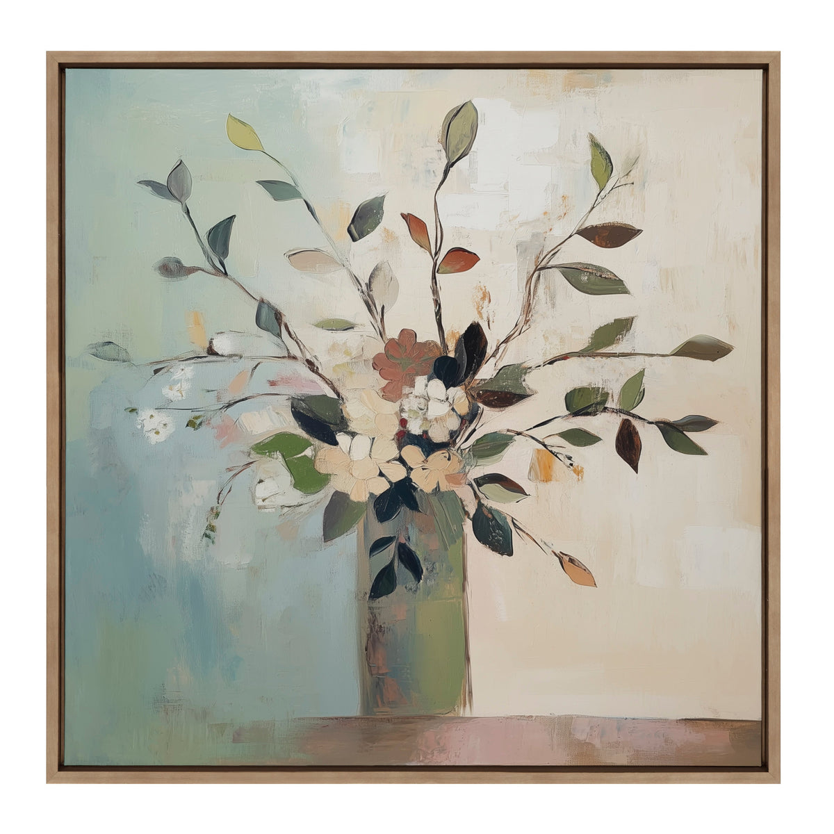 Abstract floral painting with branches and leaves in muted greens, browns, and reds arranged in a green vase against a blue and beige background.