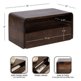 Rectangular side table in dark mocha finish mango wood with rounded edges, an open shelf, and a hidden drawer measuring 16.75 by 4.5 inches.