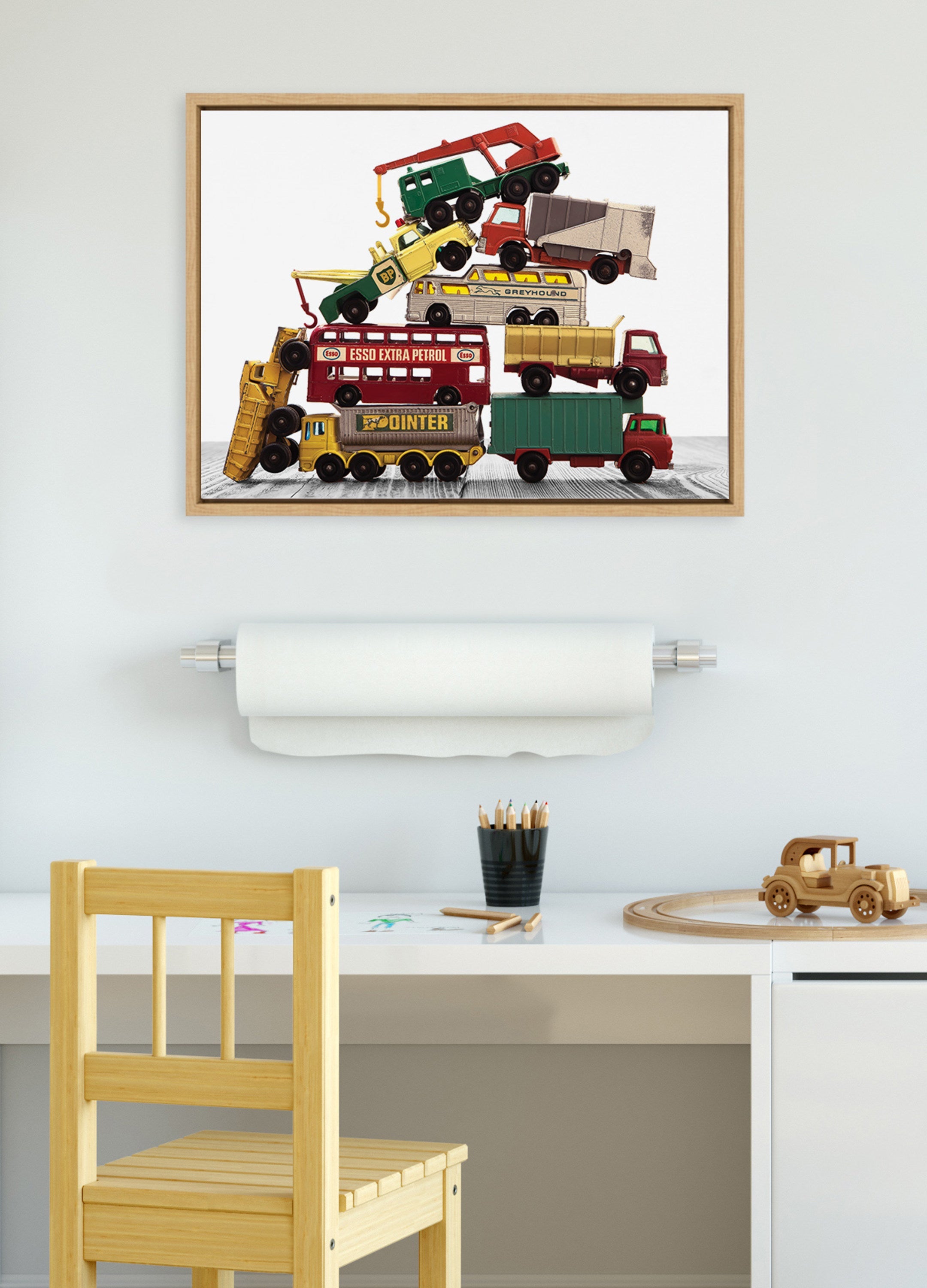 Sylvie Vintage Stacked Matchbox Work Vehicles Pile Framed Canvas by Saint and Sailor Studios