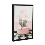Framed canvas showing a baby elephant in a pink bathtub with black-and-white checkered floor and a pink tiled wall, neon signs reading 'GET NAKED' above