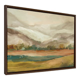 Sylvie Mountainscape framed canvas art showing a watercolor mountain scene, framed in walnut