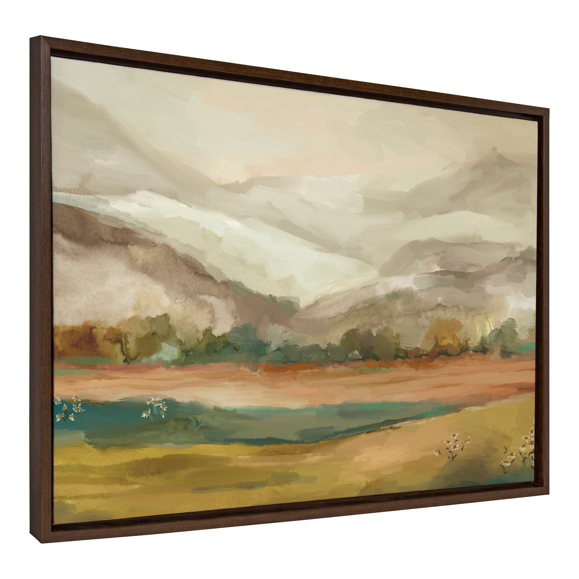 Sylvie Mountainscape framed canvas art showing a watercolor mountain scene, framed in walnut