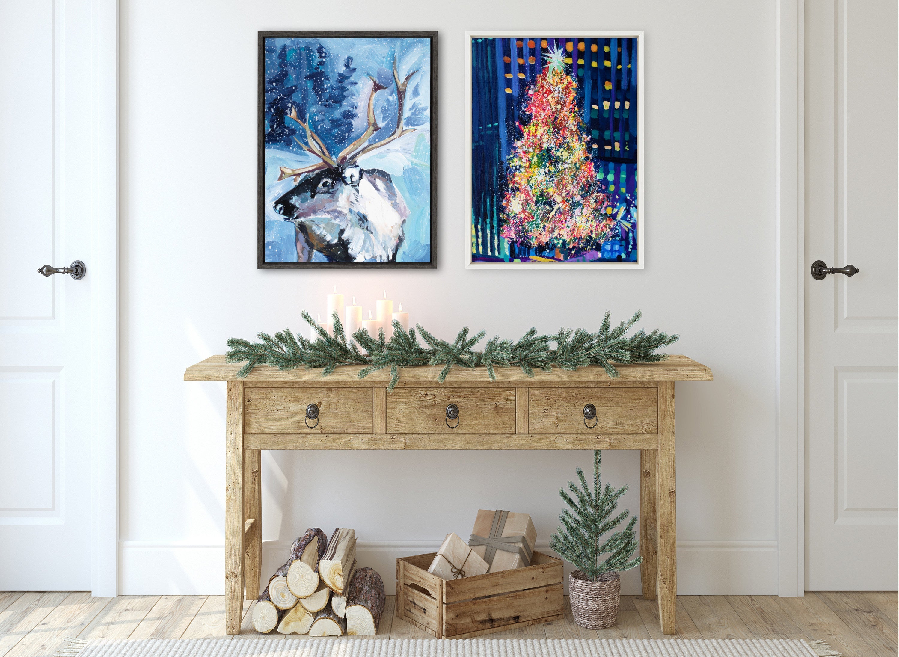 Sylvie Reindeer In Snow Framed Canvas by Rachel Christopoulos
