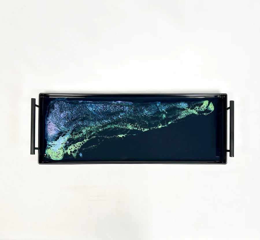 Rectangular resin tray with a colorful abstract design on a white background