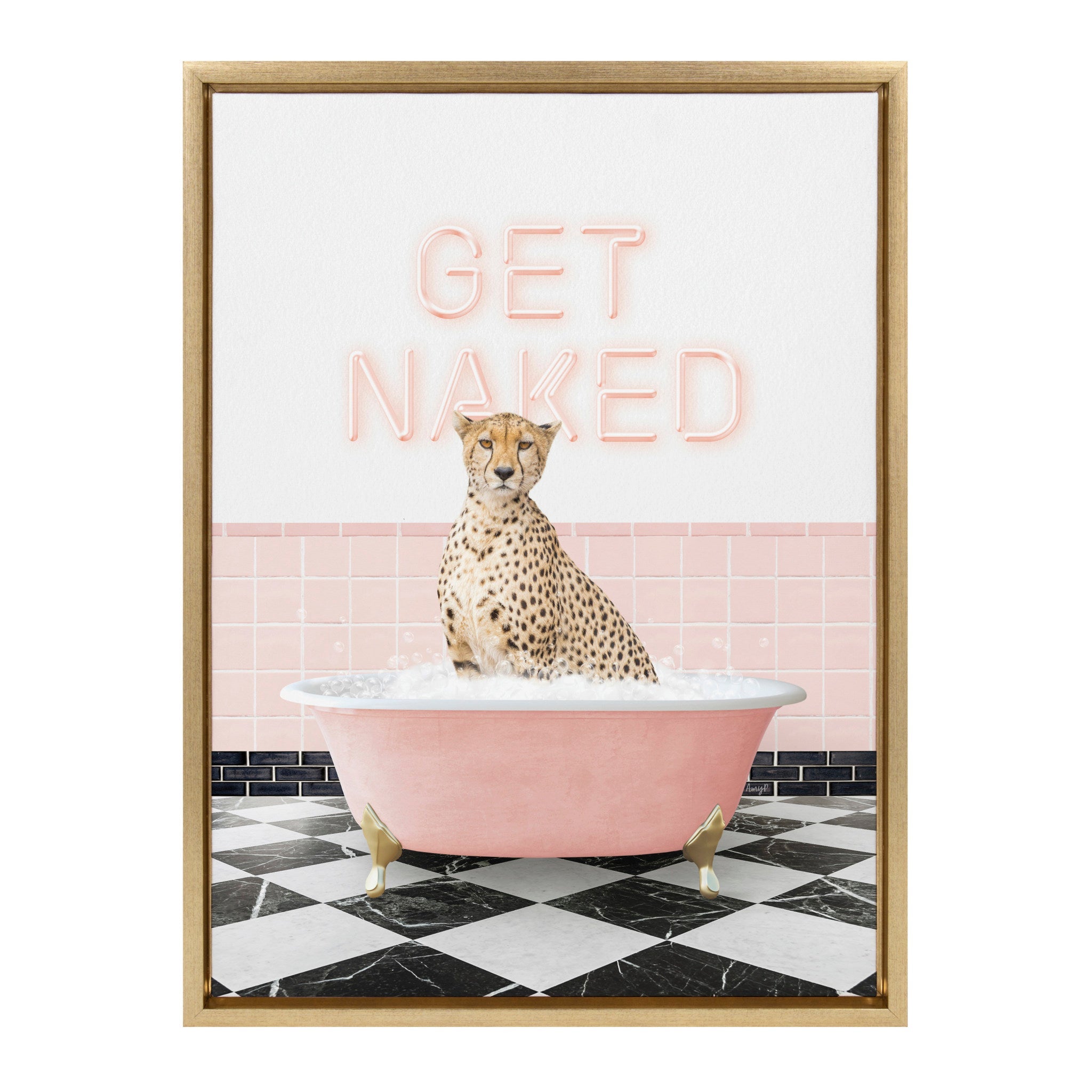 Sylvie Cheetah Get Naked in Retro Pink Bath Framed Canvas by Amy Peterson Art Studio