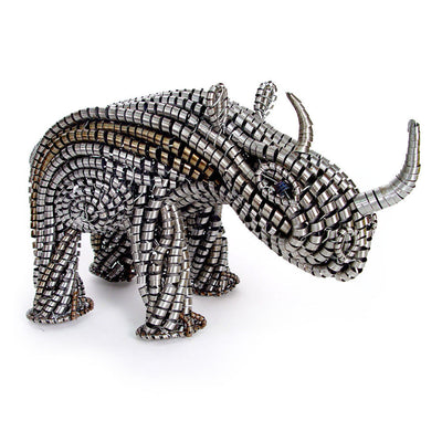 Metal Shaving Rhino sculpture by Peter Mwayedza, showing intricate metal shavings in the form of a rhinoceros