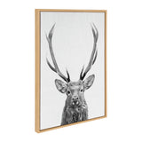Black and white close-up portrait of a red deer with tall antlers on textured white canvas in a light wood frame, angled slightly to the right.