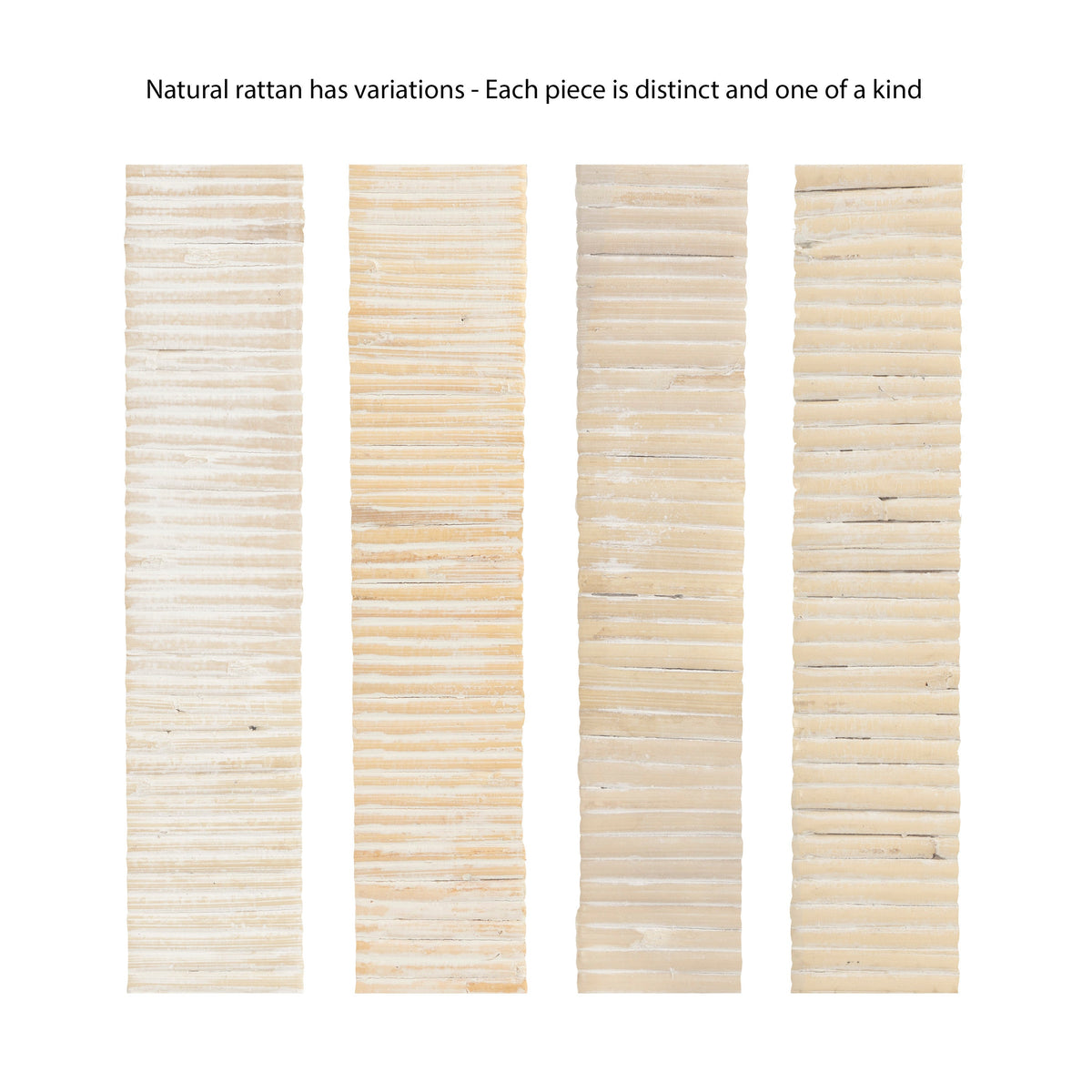 Four vertical strips of natural rattan in pale beige tones, each showing distinct variations in color and texture with horizontal patterning.
